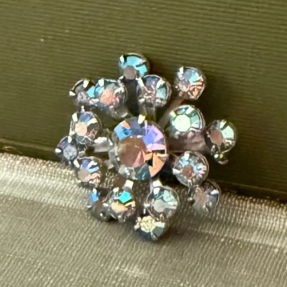 Vintage AB Rhinestone Brooch – Round Floral Cluster – 1”